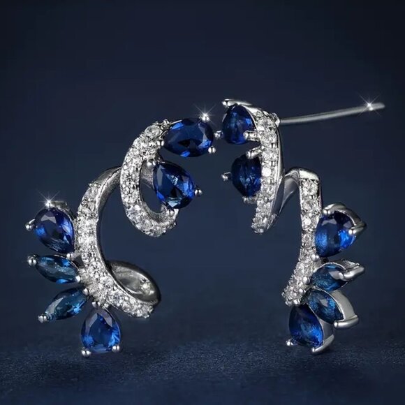NWOT Sapphire Zicron Vine Flower Earrings Blue Flower Earrings Party Anniversary - Picture 3 of 3